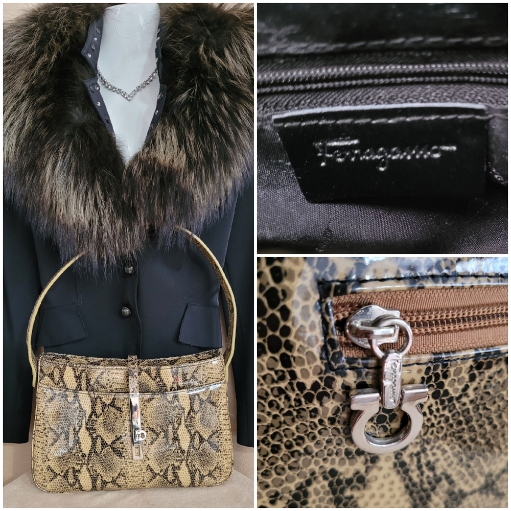 Salvatore Ferragamo Yellow and Black Snakeskin-Print Shoulder Bag